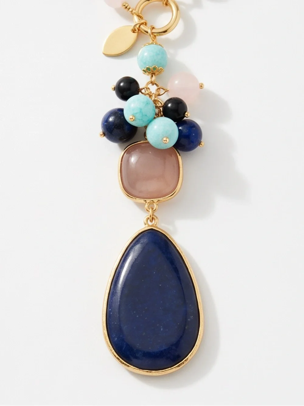 Multicolor Beaded Necklace with Navy Teardrop Pendant